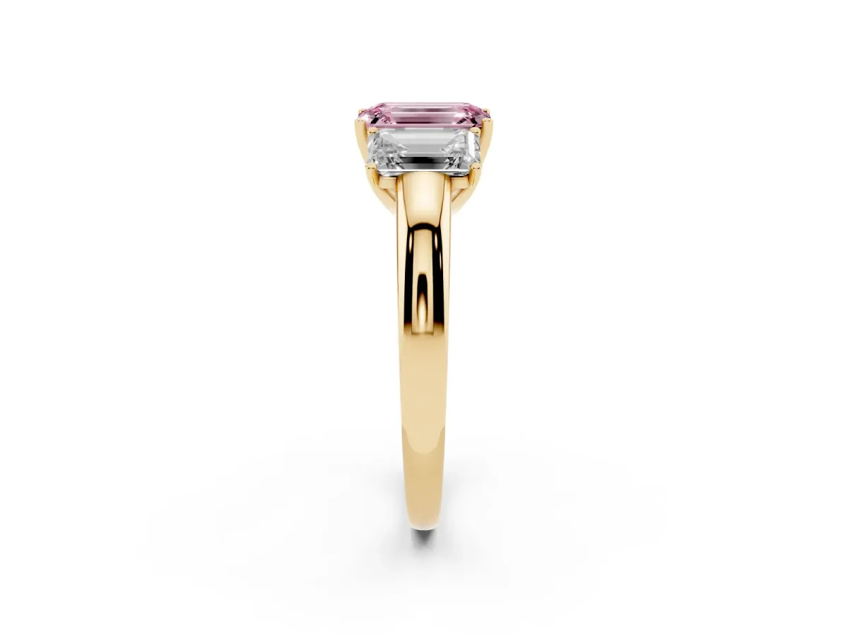 Fancy Pink Emerald Cut Diamond Three-Stone Ring with Four-Prong Setting and Classic Band Yellow gold
