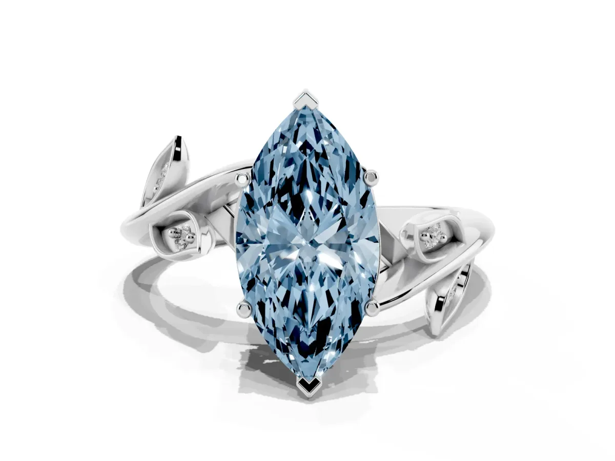 Fancy Blue Marquise Cut Solitaire Twist Engagement Ring with Leaf Accents and Prong Setting Platinum