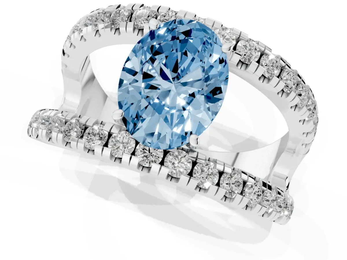 Fancy Blue Oval Cut Solitaire Split Shank Pave Diamond Ring Platinum