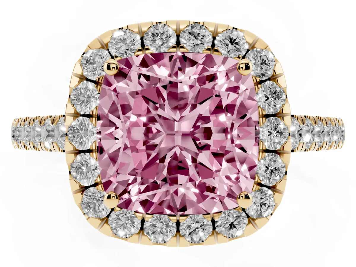 Fancy Pink Cushion Cut Halo Pave Diamond Engagement Ring with Four-Prong Setting Yellow gold