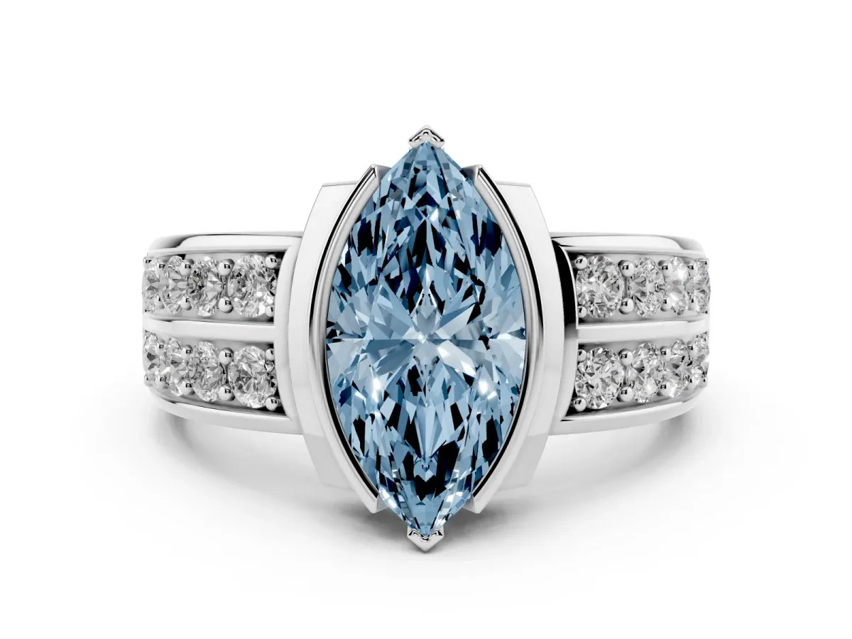 Fancy Blue Marquise Cut Brilliant Diamond Channel Set Wide Band Ring with Bezel Setting Platinum