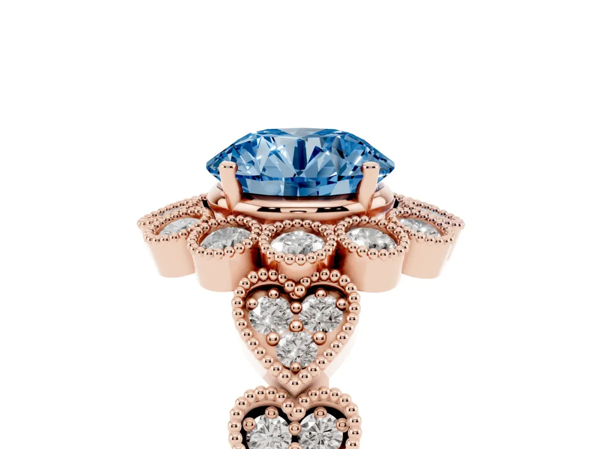 Fancy Blue Round Cut Brilliant Milgrain Pave Heart Band Solitaire Ring Rose gold