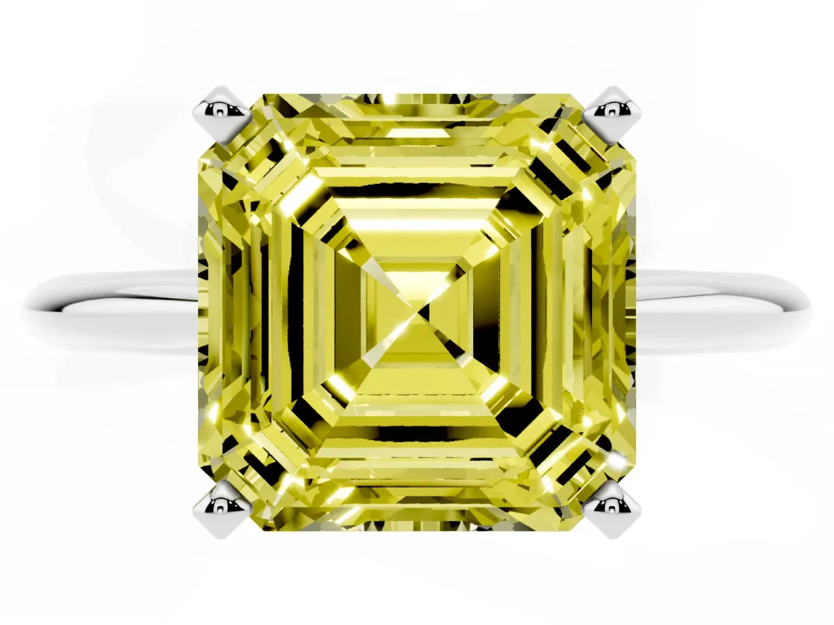 Fancy Yellow Asscher Cut Cut Solitaire Ring with Four-Prong Setting on a Classic Band Silver