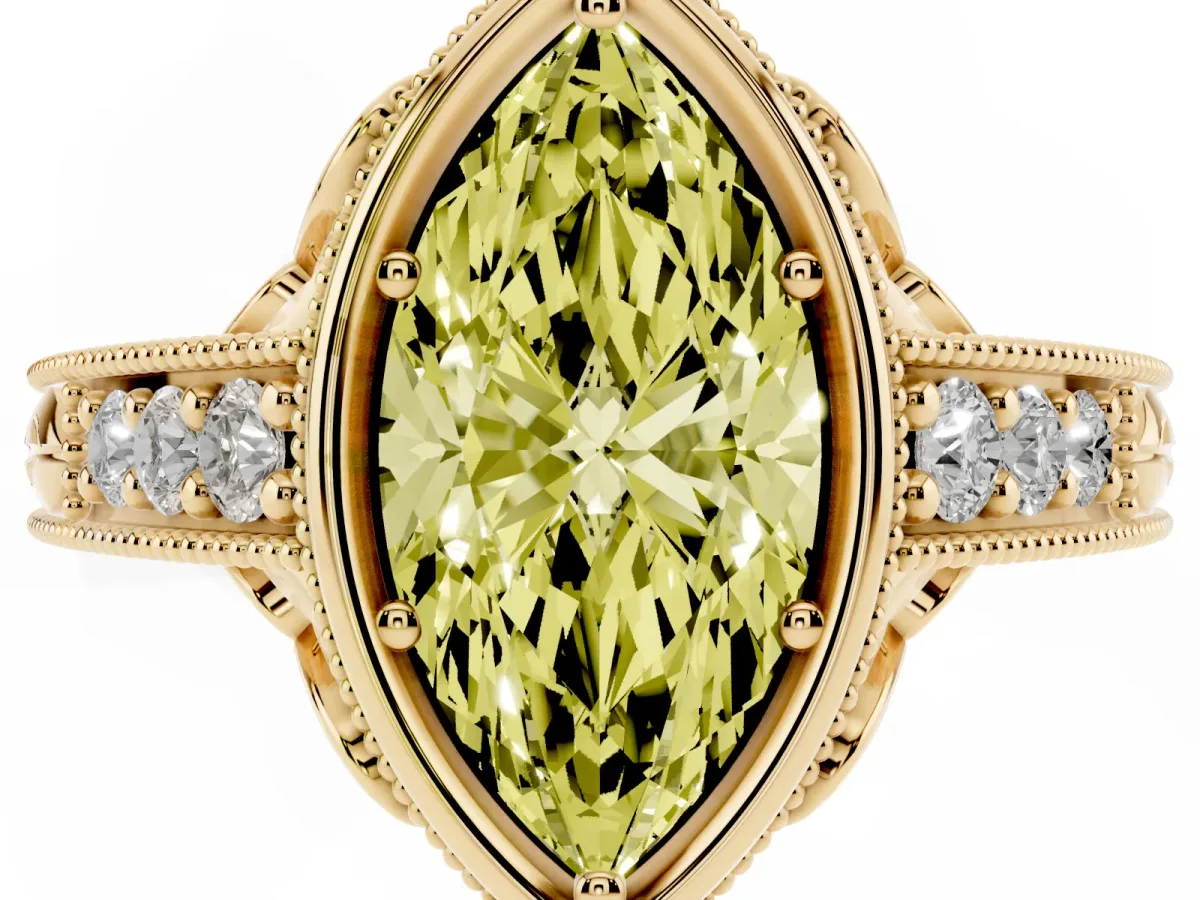 Fancy Yellow Bezel Set Marquise Cut Diamond Milgrain Pave Engagement Ring Yellow gold