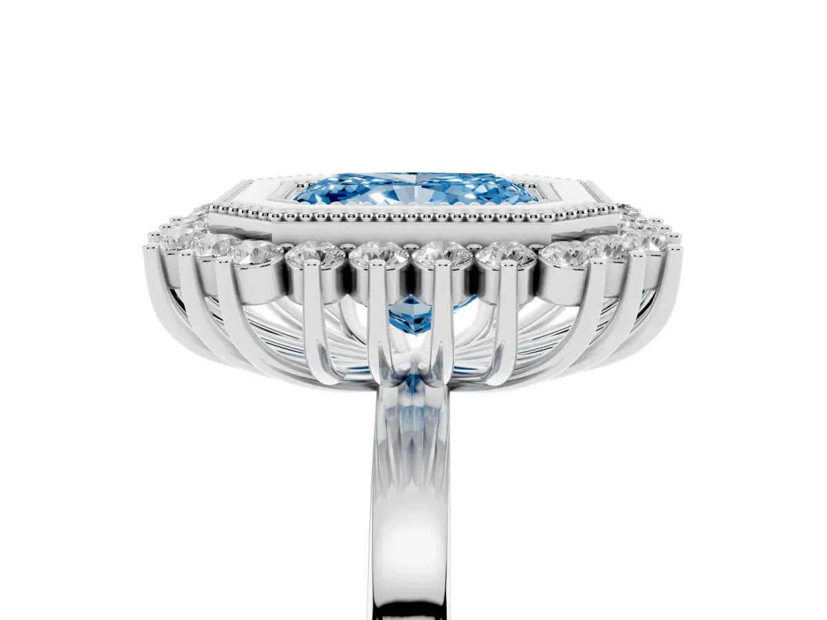 Fancy Blue Radiant Cut Halo Diamond Ring with Milgrain Edge and Round Prong Setting Silver