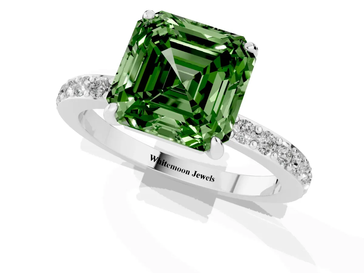 Fancy Green Asscher Cut Diamond Pavé Engagement Ring with Round Accents and Prong Setting Silver