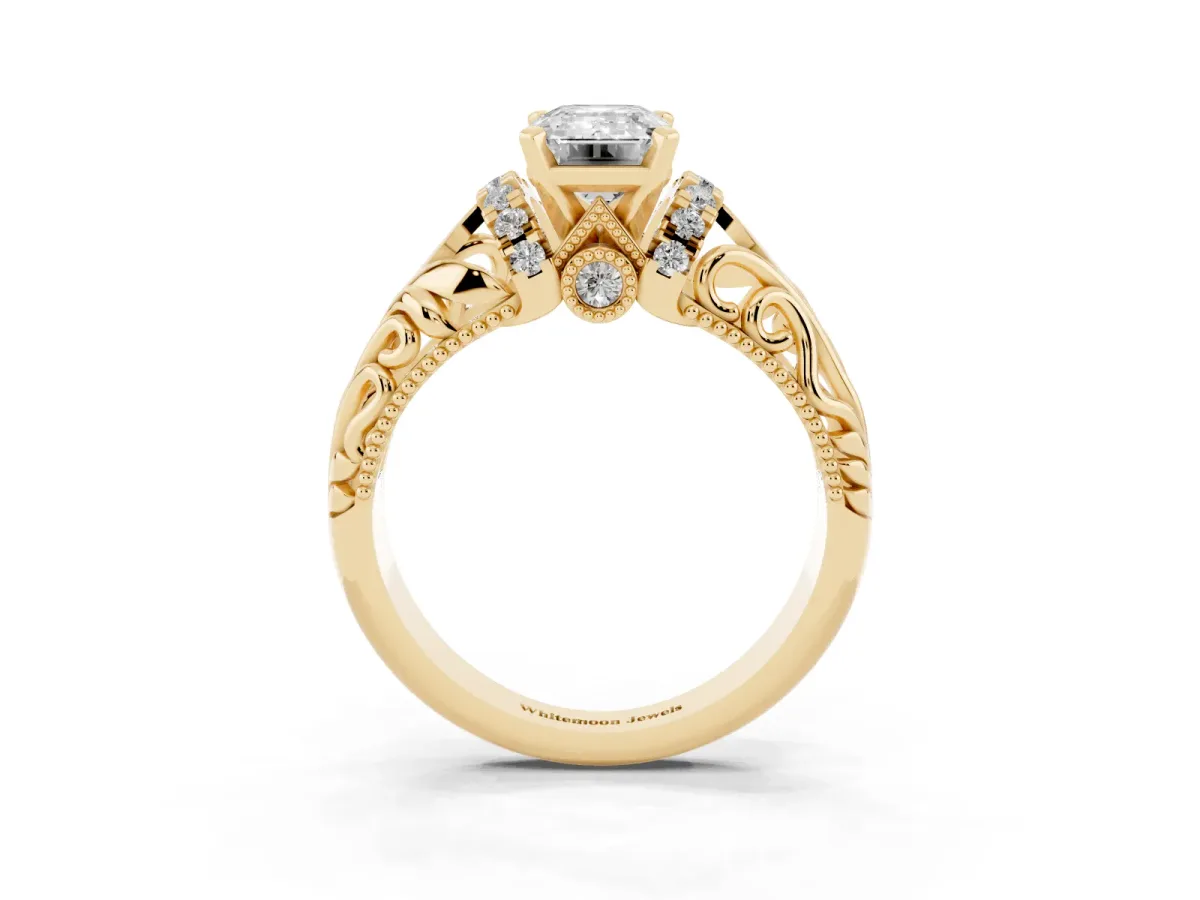 Emerald Cut Solitaire Filigree Engagement Ring with Halo and Prong Setting Yellow gold