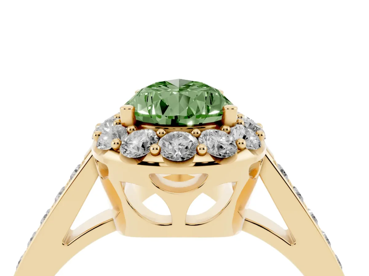 Fancy Green Pear Cut Diamond Floral Halo Ring with Pavé Band and Prong Setting Yellow gold