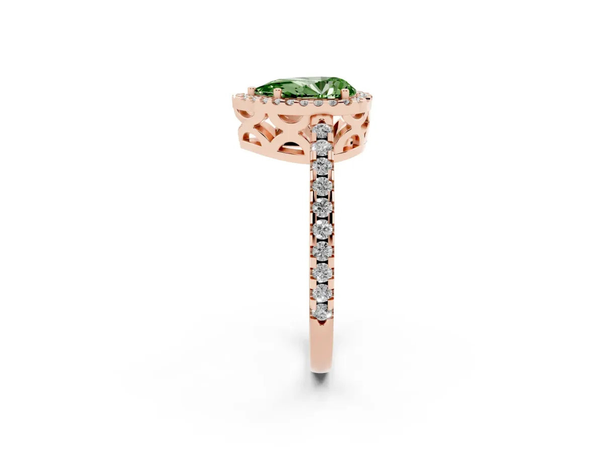 Fancy Green Pear Cut Diamond Halo Engagement Ring with Pavé Band and Prong Setting Rose gold