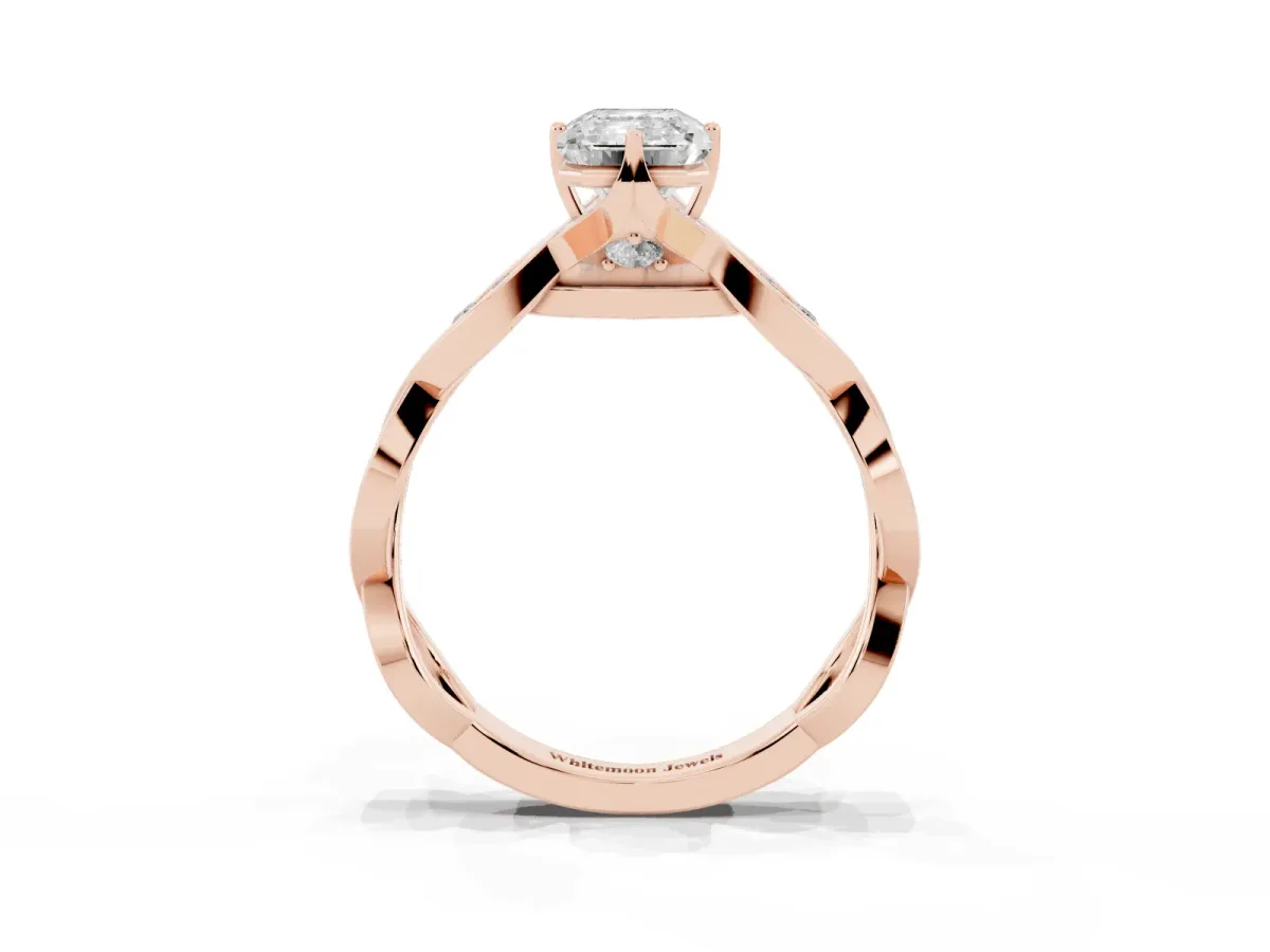 Emerald Cut Solitaire Twist Band with Leaf Prong Setting Rose gold