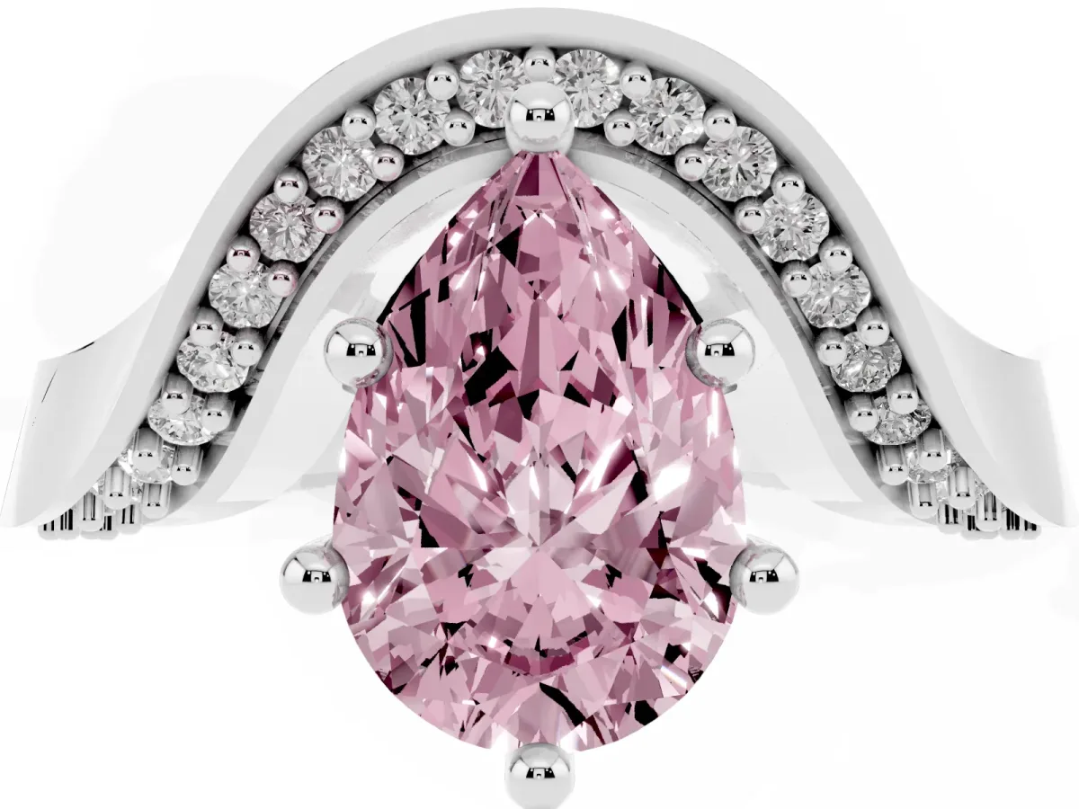 Fancy Pink Pear Cut Solitaire Diamond Engagement Ring with Pave Band and Four-Prong Setting Platinum