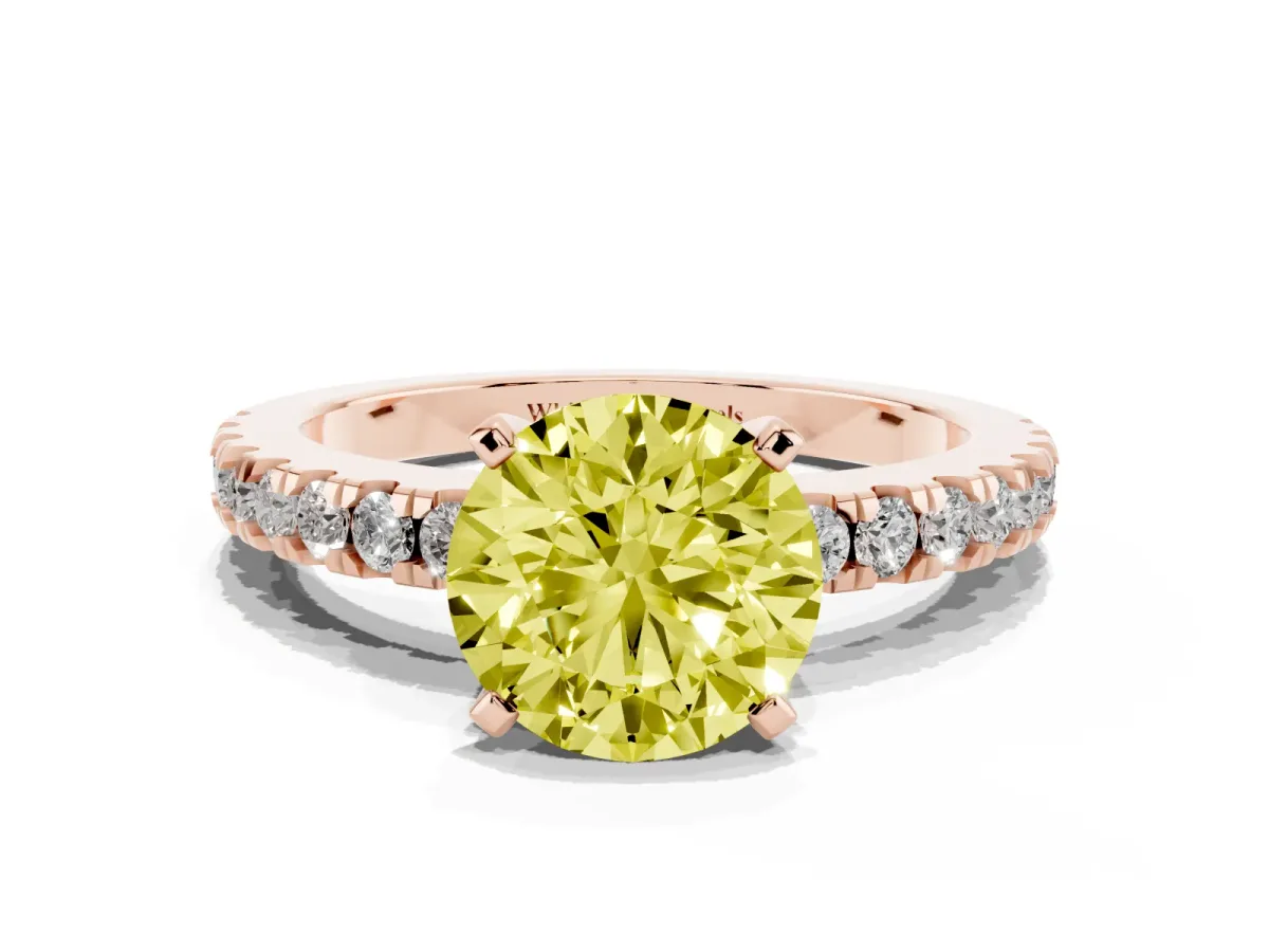 Fancy Yellow Round Cut Solitaire Diamond with Pavé Band and Four-Prong Setting Rose gold