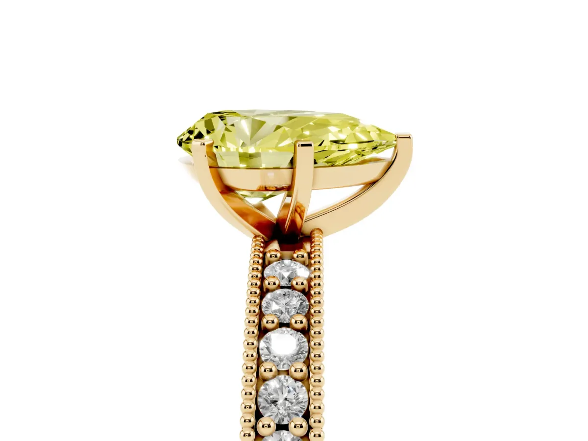 Fancy Yellow Pear Cut Diamond Milgrain Pavé Engagement Ring with Four-Prong Setting Yellow gold