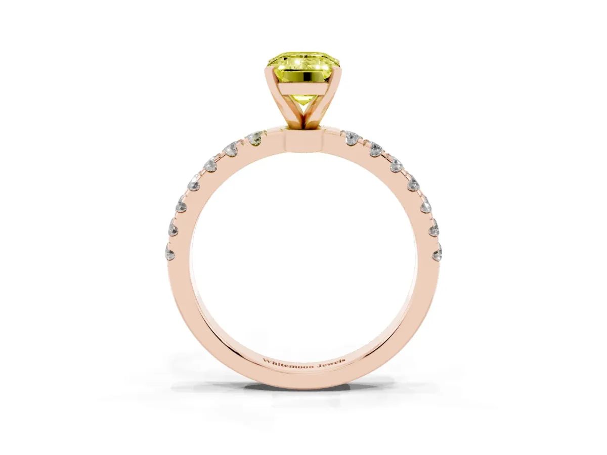 Fancy Yellow Emerald Cut Diamond Solitaire Ring with Pavé Accents and Four-Prong Setting Rose gold