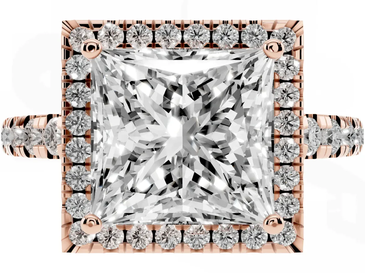 Princess Cut Diamond Halo Ring with Pavé Band and Four-Prong Setting Rose gold
