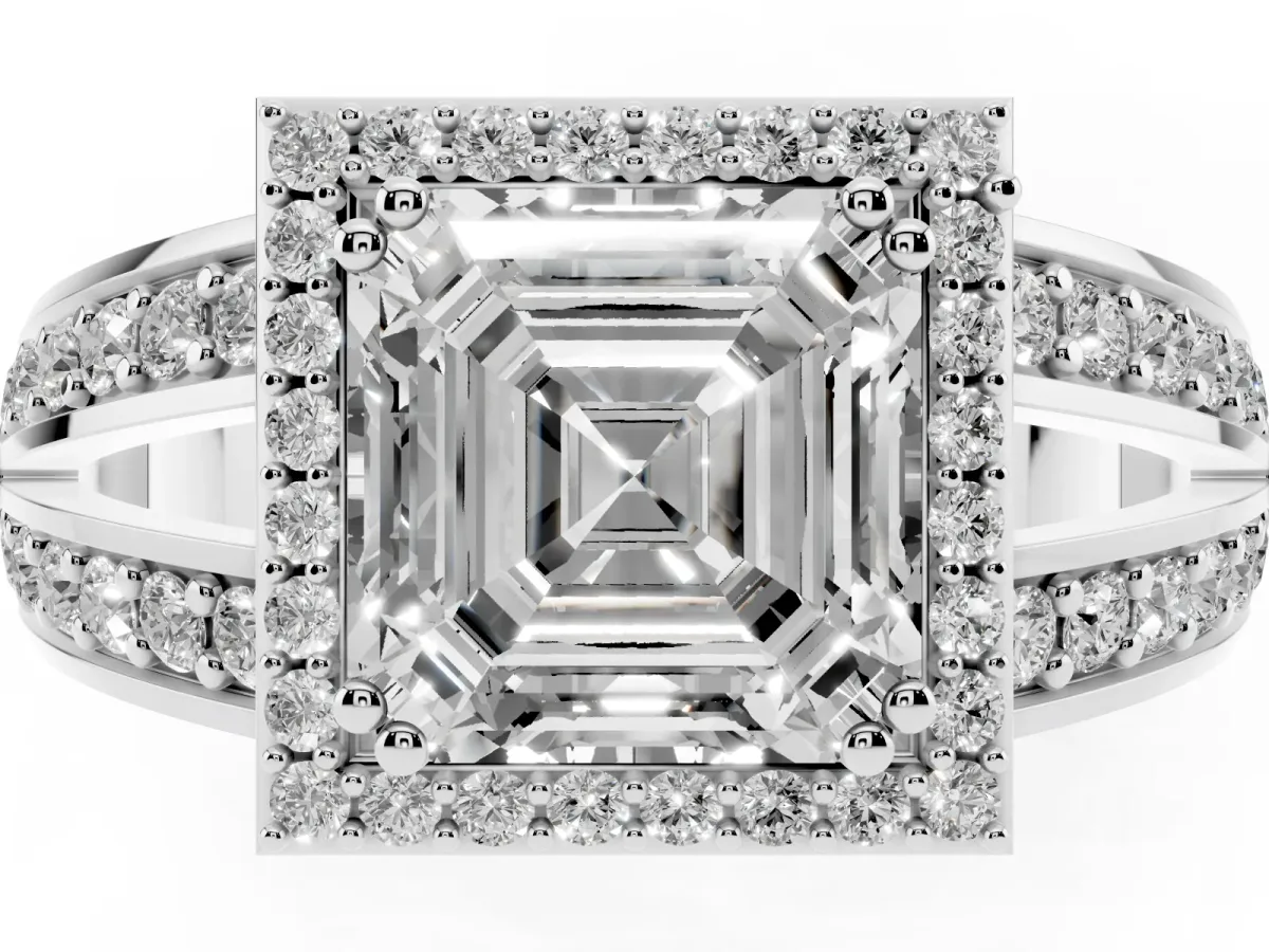 Asscher Cut Diamond Halo Ring with Split Shank Pavé Band and Four-Prong Setting White gold