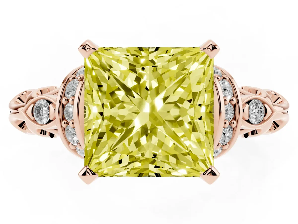 Fancy Yellow Princess Cut Diamond Solitaire Ring with Filigree Band and Four-Prong Setting Rose gold