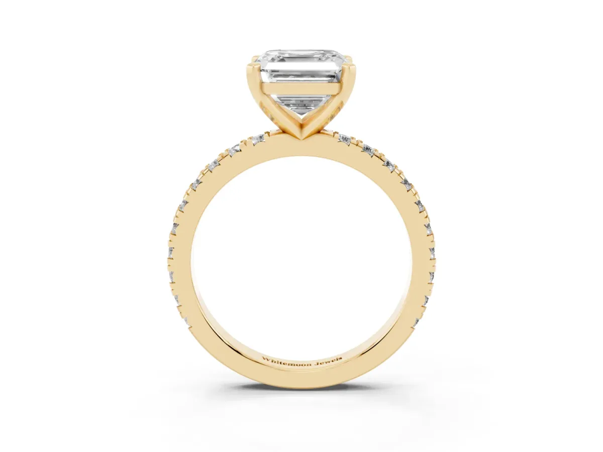 Asscher Cut Diamond Pavé Band Solitaire with Four-Prong Setting Yellow gold