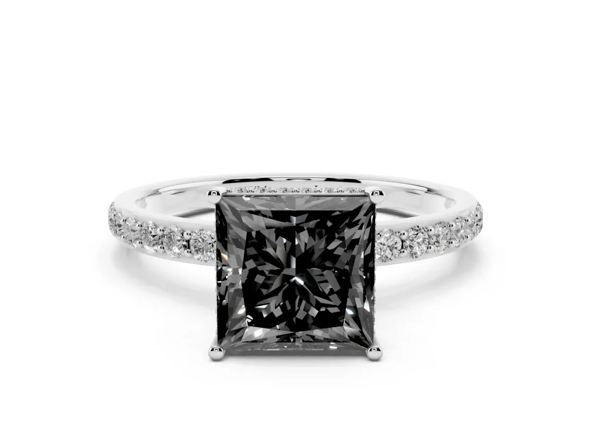Fancy Black Princess Cut Diamond Solitaire Ring with Pavé Band and Hidden Halo Platinum