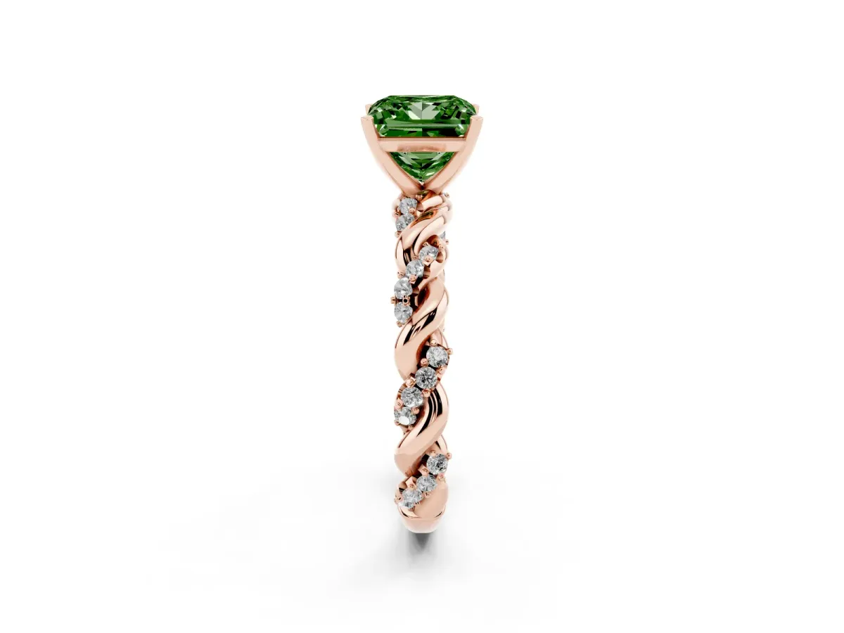 Fancy Green Princess Cut Diamond Solitaire Ring with Twisted Band and Pavé Accents Rose gold
