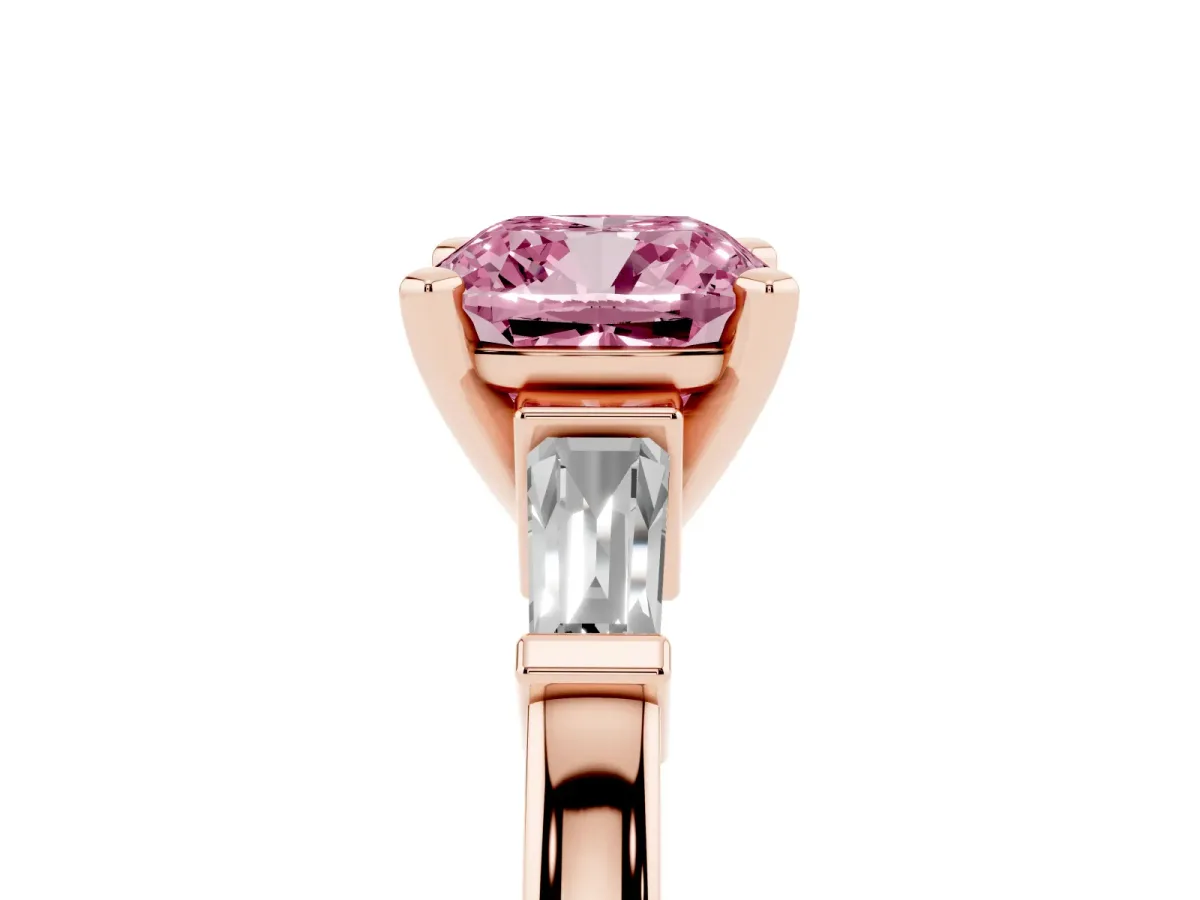 Fancy Pink Cushion Cut Cut Diamond Solitaire Ring with Tapered Baguette Accents and Four-Prong Setting Rose gold