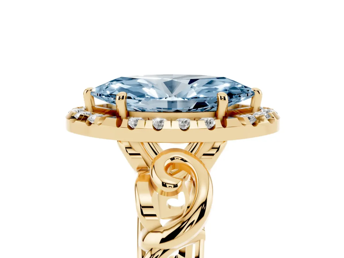 Fancy Blue Marquise Cut Cut Halo Diamond Ring with Scrollwork Band and Four-Prong Setting Yellow gold