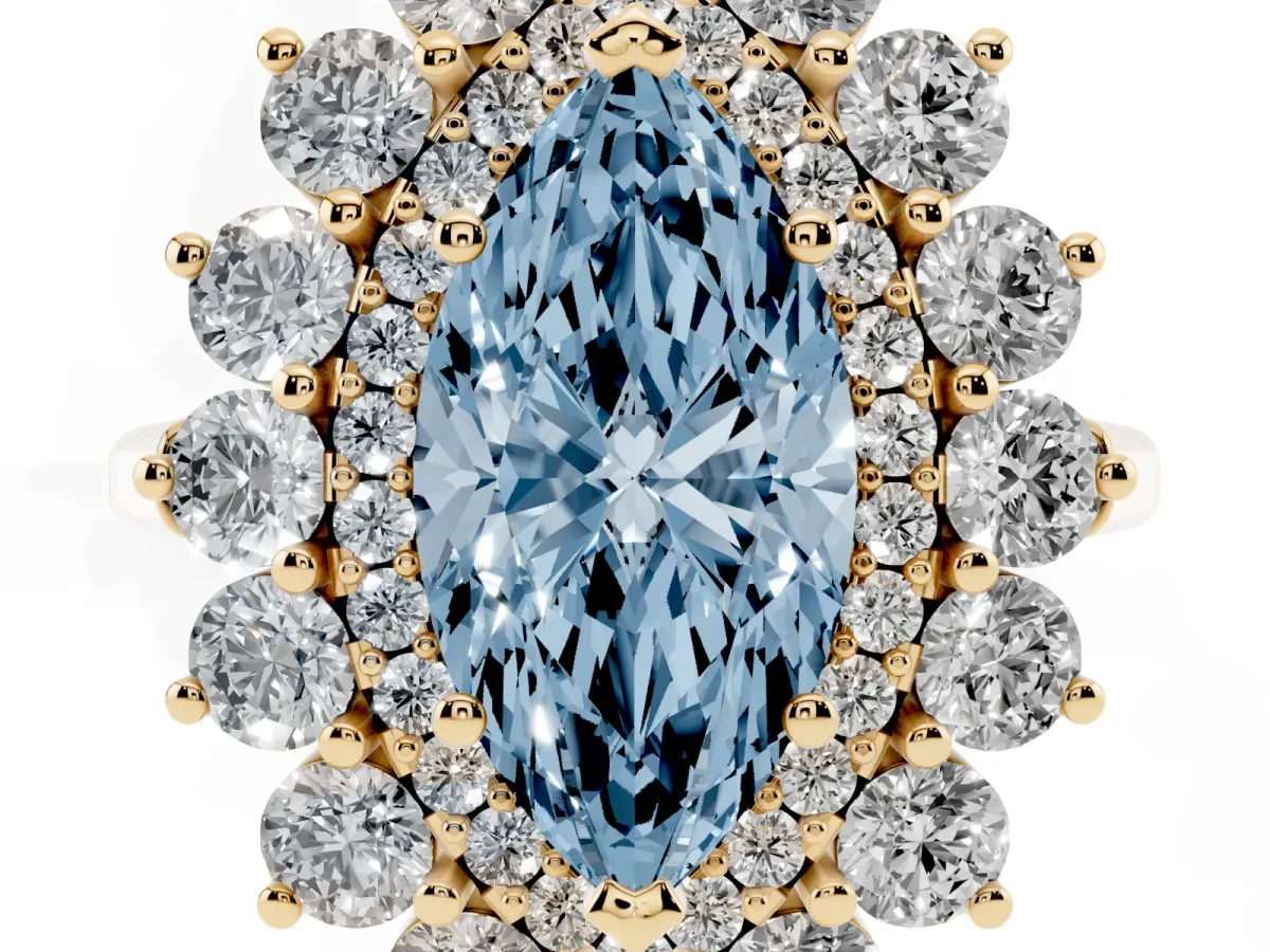 Fancy Blue Marquise Cut Diamond Floral Double Halo Engagement Ring with Prong Setting Yellow gold