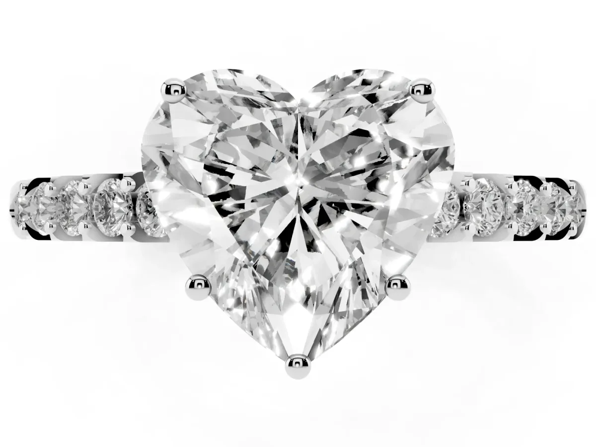 Heart Cut Solitaire Diamond Engagement Ring with Pavé Band and Six-Prong Setting Platinum