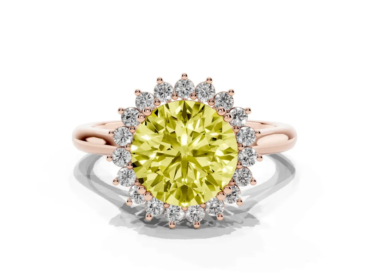 Fancy Yellow Round Cut Cut Diamond Halo Ring with Solitaire Band and Prong Setting Rose gold