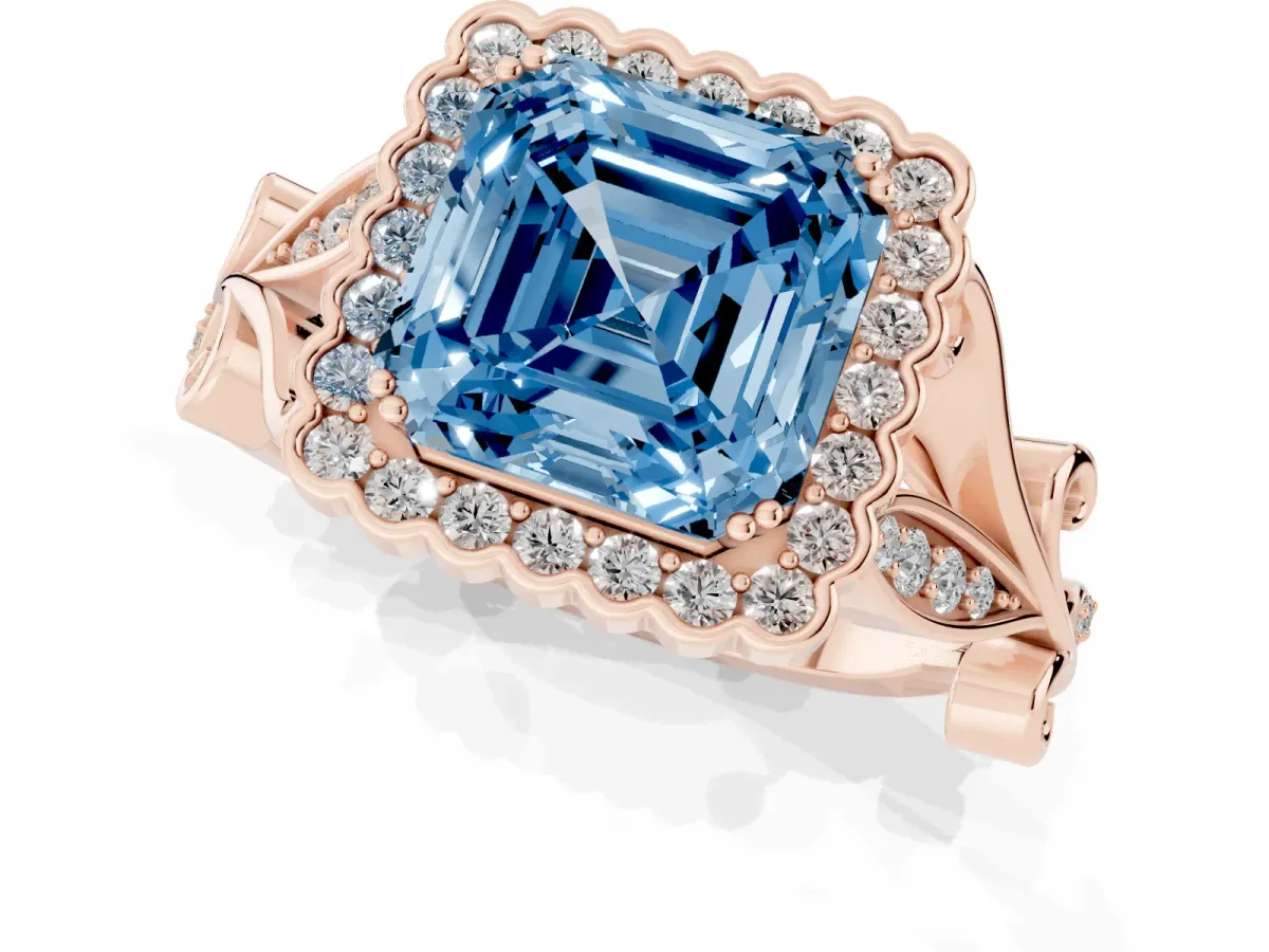 Fancy Blue Asscher Cut Diamond Halo Ring with Vintage Split Shank and Four-Prong Setting Rose gold