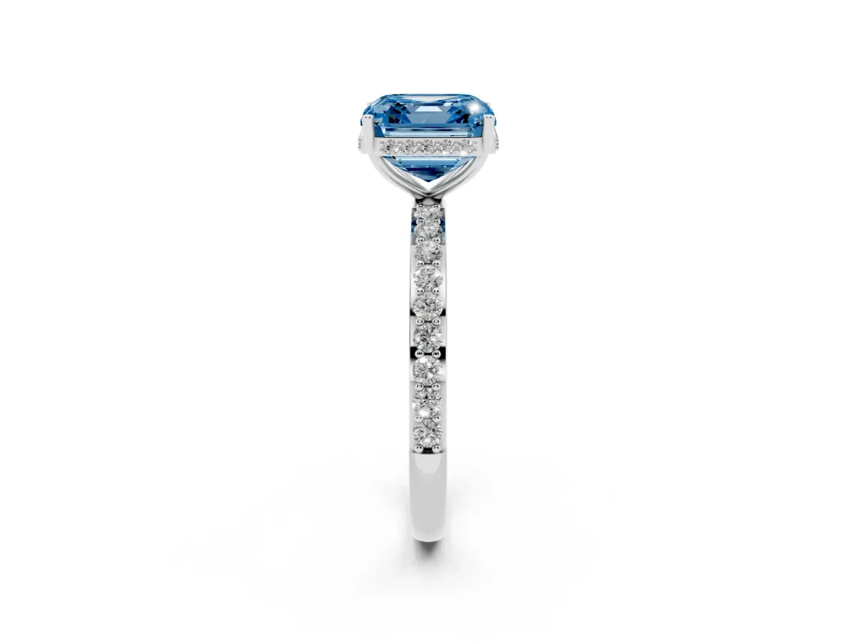 Fancy Blue Asscher Cut Diamond Solitaire Ring with Pavé Band and Hidden Halo White gold