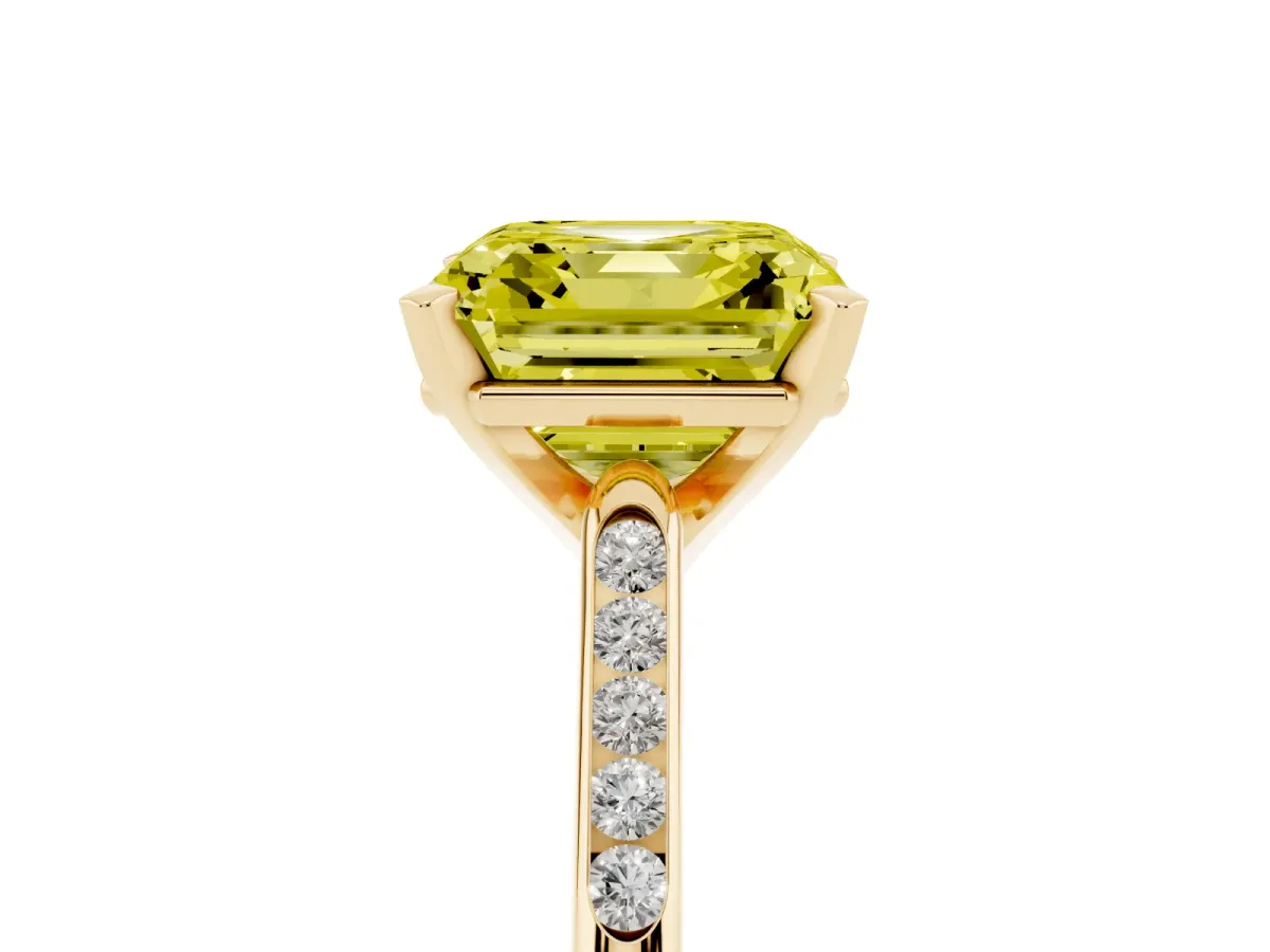 Fancy Yellow Asscher Cut Diamond Solitaire Ring with Channel Set Round Band and Prong Setting Yellow gold
