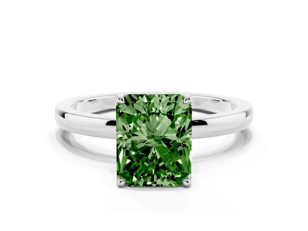 Fancy Green Radiant Cut Diamond Solitaire Ring with Thin Band and Prong Setting Silver