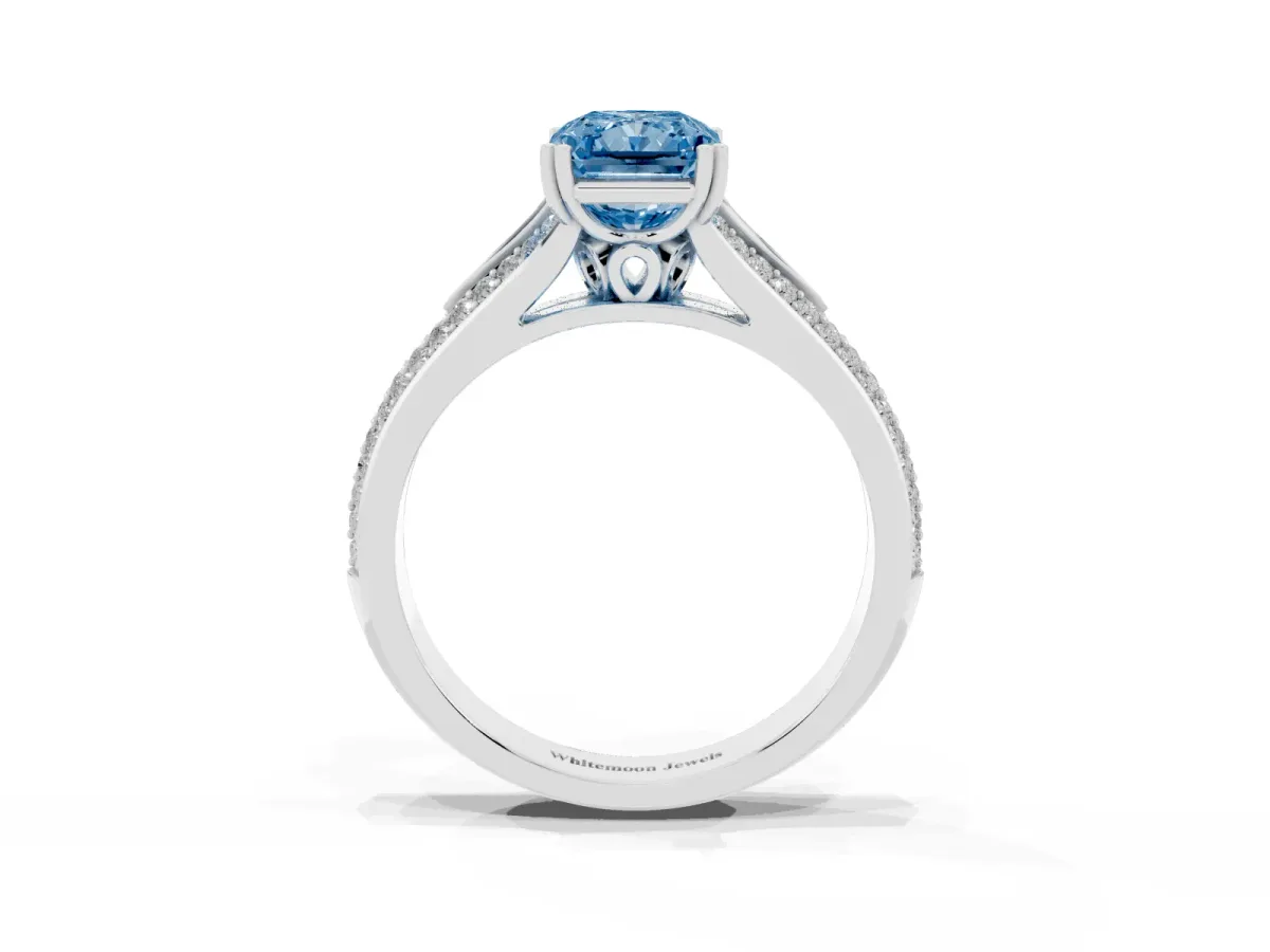 Fancy Blue Radiant Cut Diamond Split Shank Engagement Ring with Pavé Band Silver