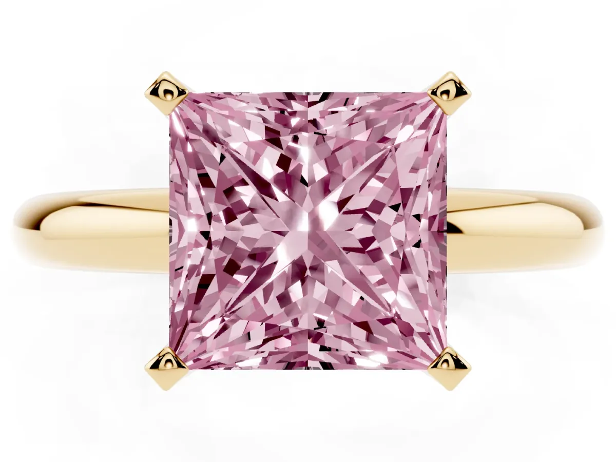 Fancy Pink Princess Cut Diamond Solitaire Engagement Ring with Round Band and Four-Prong Setting Yellow gold