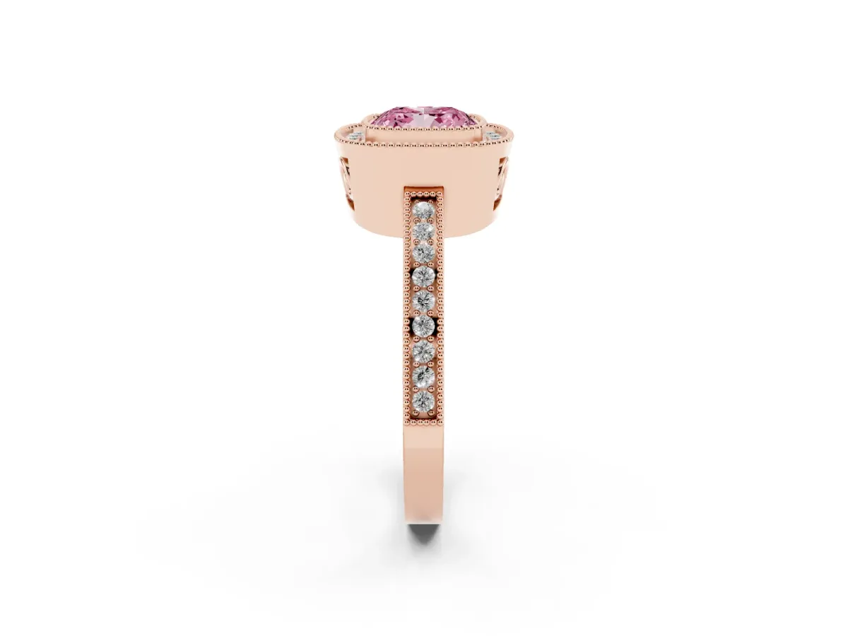 Fancy Pink Cushion Cut Cut Halo Diamond Ring with Pavé Band and Milgrain Prong Setting Rose gold