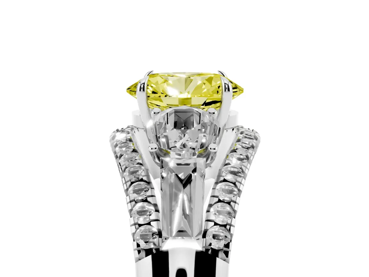 Fancy Yellow Three-Stone Oval Cut Diamond Engagement Ring with Pave Band and Prong Setting Silver