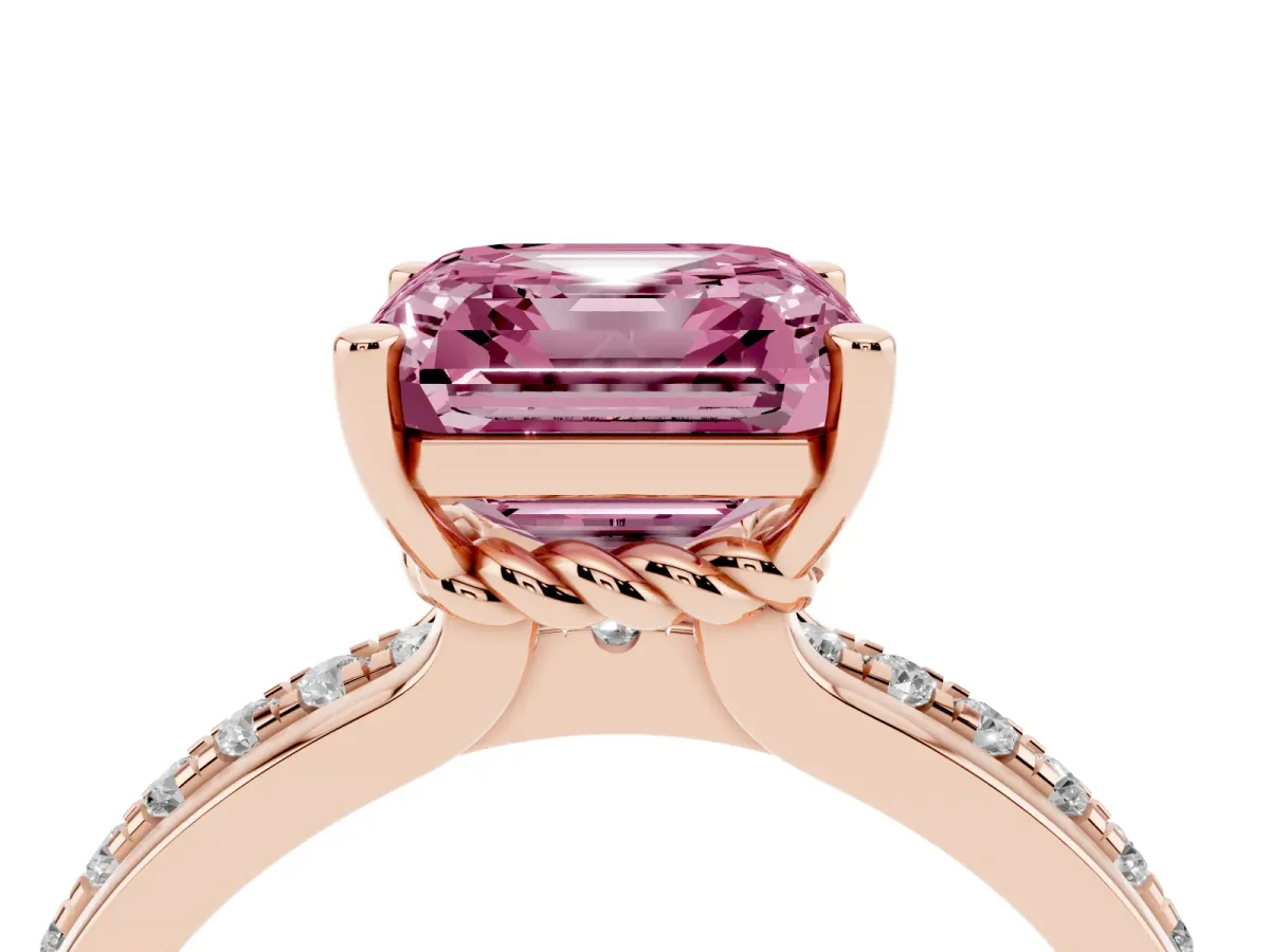 Fancy Pink Asscher Cut Solitaire Diamond Ring with Channel Set Band and Six-Prong Setting Rose gold