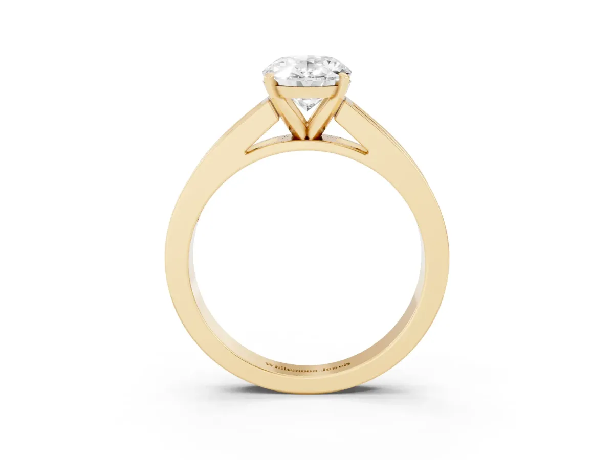 Oval Cut Solitaire Diamond Ring with Channel-Set Band and Four-Prong Setting Yellow gold