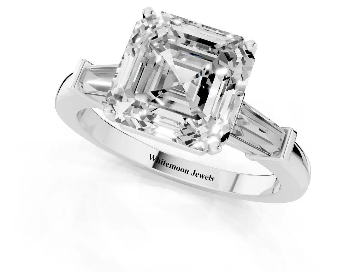 Asscher Cut Cut Diamond Solitaire Ring with Tapered Baguette Accents and Four-Prong Setting Platinum