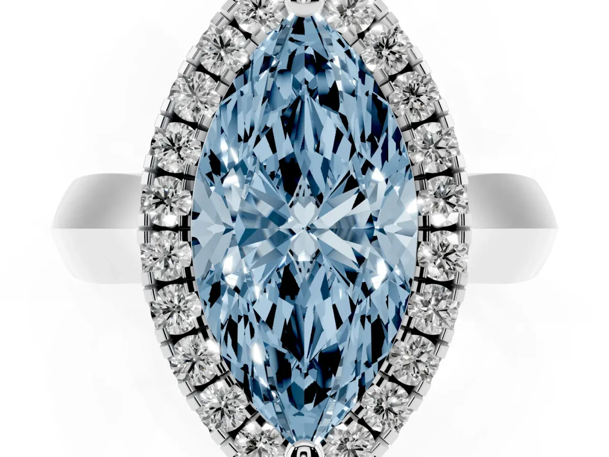Fancy Blue Marquise Cut Cut Halo Solitaire Engagement Ring with Square Band and Four-Prong Setting White gold