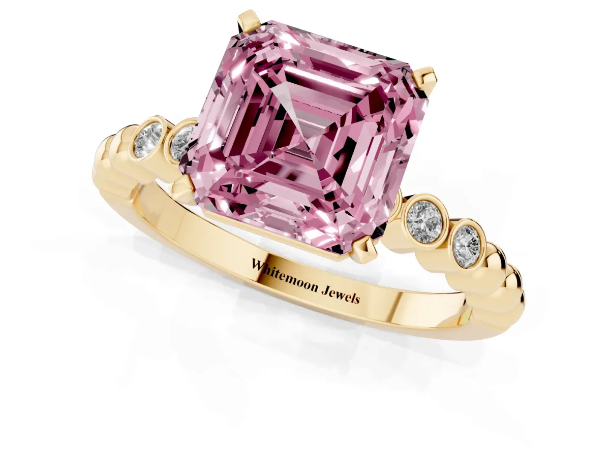 Fancy Pink Asscher Cut Solitaire Bezel Accent Diamond Engagement Ring with Beaded Band and Four-Prong Setting Yellow gold