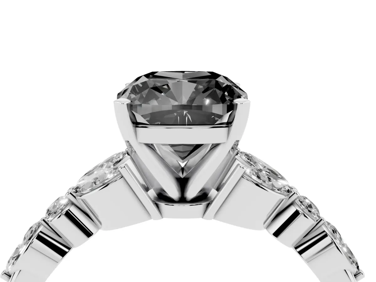 Fancy Black Cushion Cut Diamond Solitaire Ring with Side Stones and Four-Prong Setting Platinum