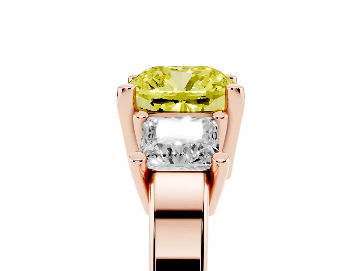 Fancy Yellow Three-Stone Cushion Cut Cut Solitaire Ring with Prong Setting Rose gold