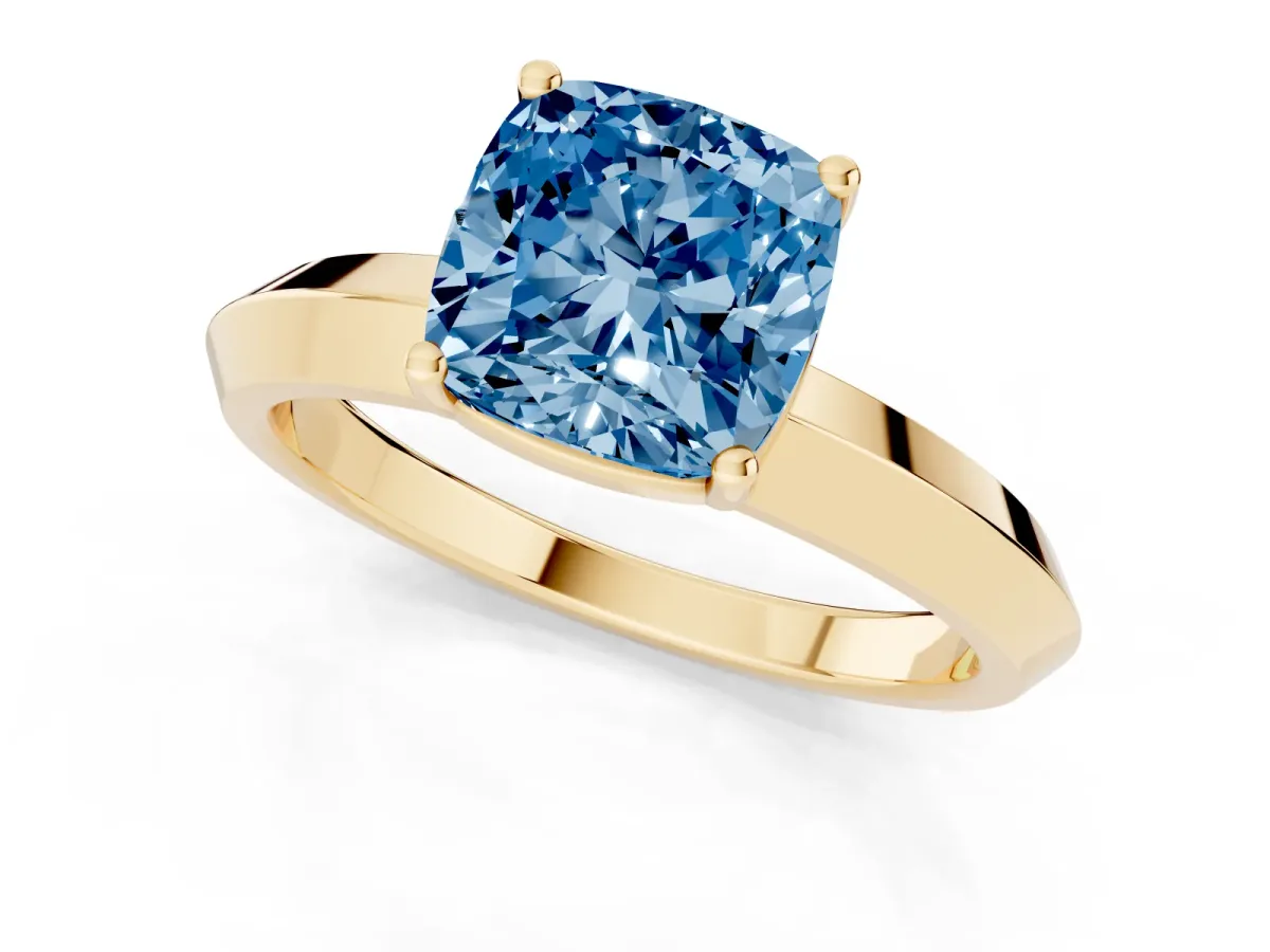 Fancy Blue Cushion Cut Cut Solitaire Engagement Ring with Flat Band and Four-Prong Setting Yellow gold