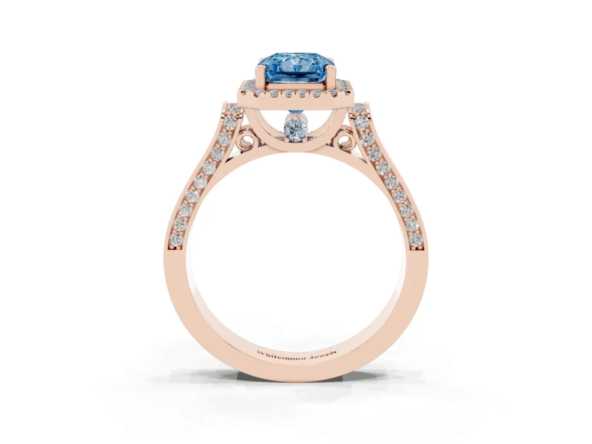 Fancy Blue Radiant Cut Halo Round Diamond Twist Band with Four-Prong Setting Rose gold
