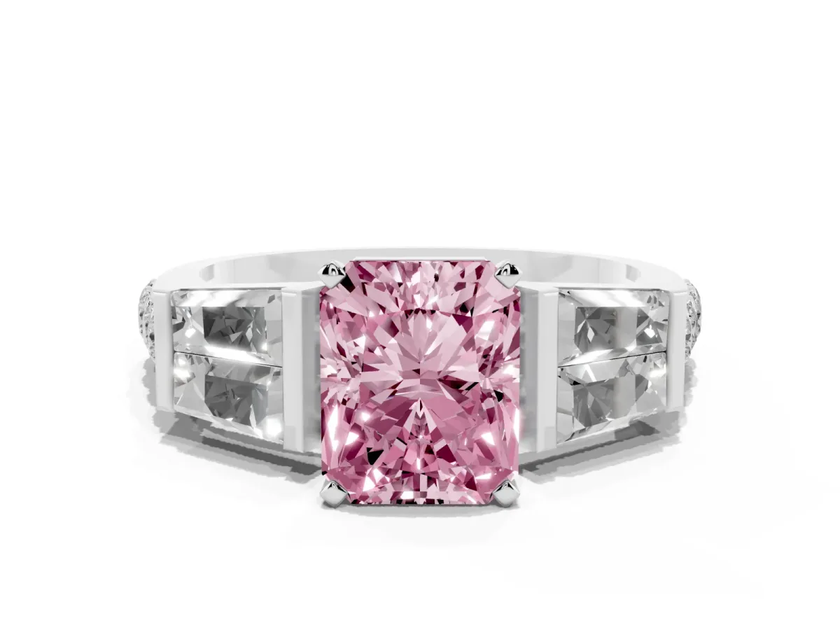 Fancy Pink Radiant Cut Diamond Engagement Ring with Baguette Side Stones and Channel Set Band Platinum