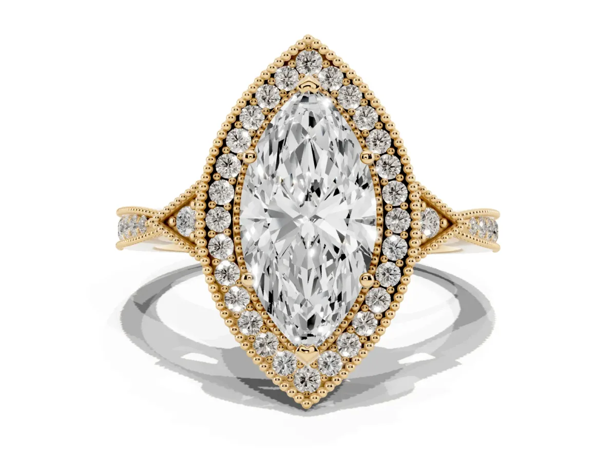 Marquise Cut Halo Round Diamond Milgrain Pave Engagement Ring Yellow gold