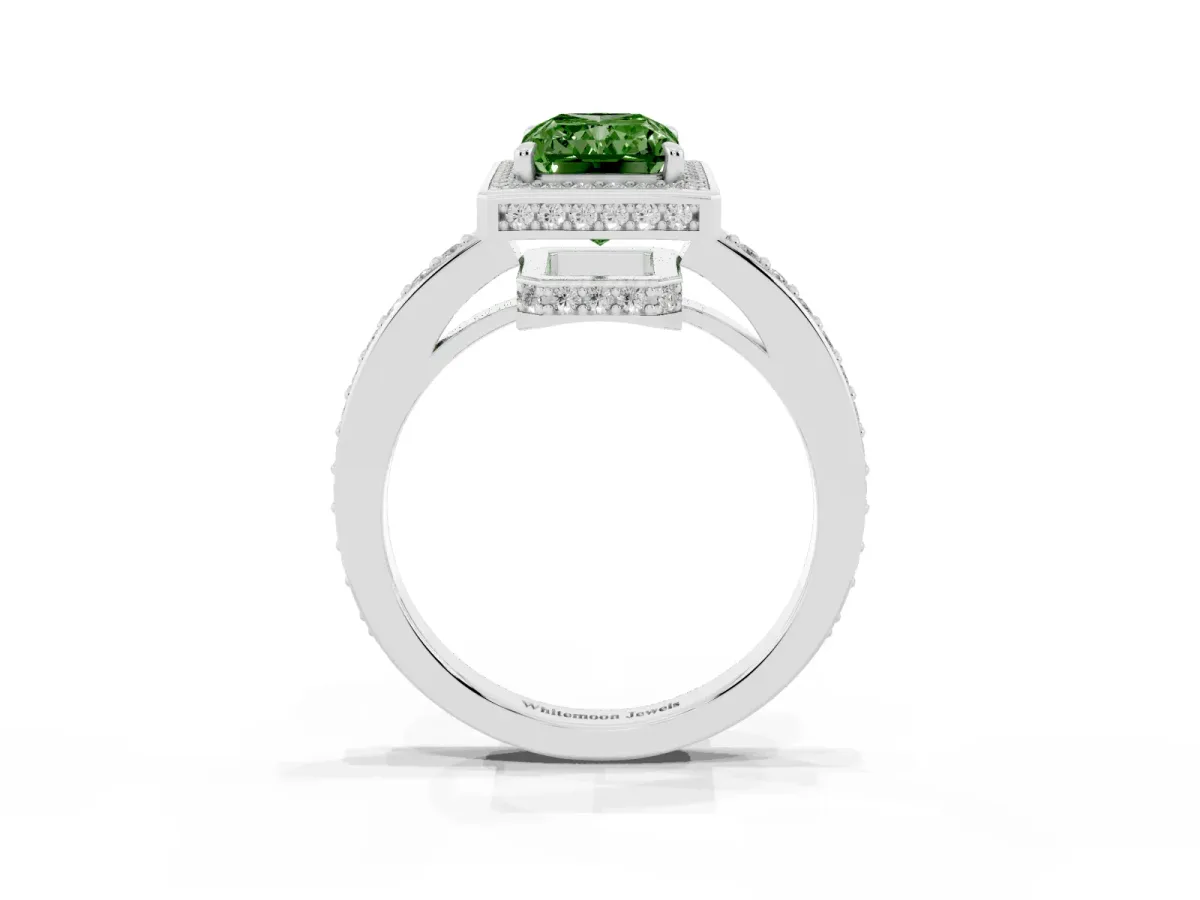 Fancy Green Radiant Cut Halo Pave Band Solitaire Ring with Prong Setting White gold