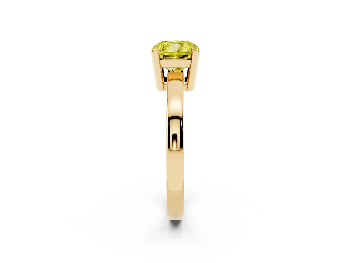 Fancy Yellow Cushion Cut Cut Solitaire Ring with Four-Prong Setting and Classic Band Yellow gold